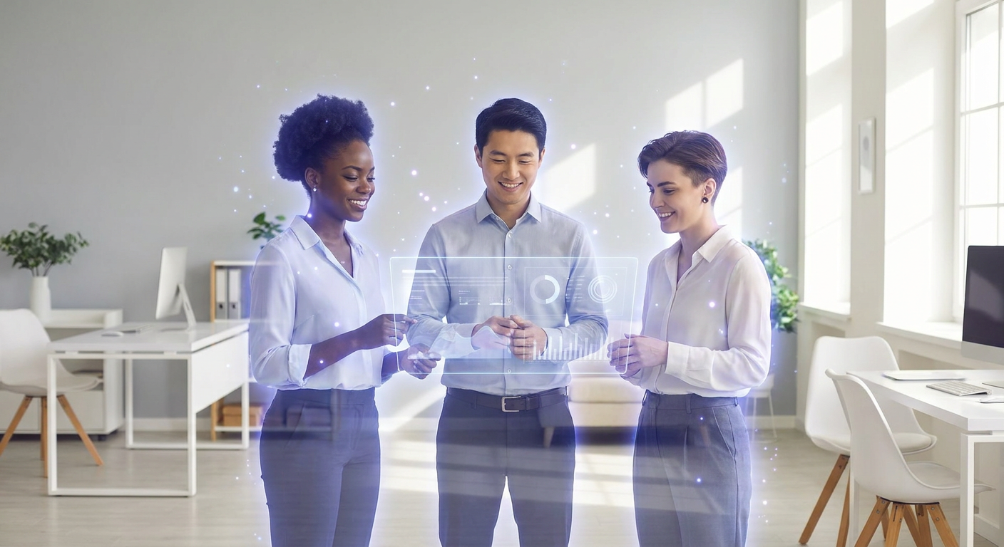 A team of glowing AI virtual employees